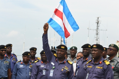 Real Admiral Saidu Garba (centre) flagging off a five-day joint military exercise in 2019. Getty.