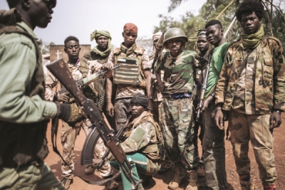 Militiamen, including alleged children, of the armed group coalition Coalition of Patriots for Change (CPC) pose for a photograph.