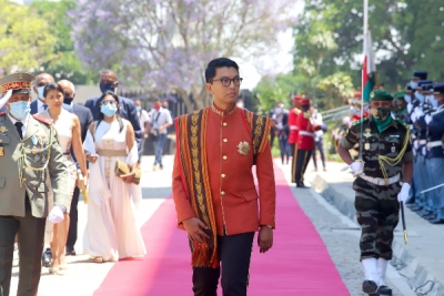President Andry Rajoelina (C) arrives the Queen&#039;s Palace of Manjakamiadana, in the upper city of Antananarivo, Madagascar, on November 6, 2020. Getty.