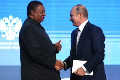 Russian President Vladimir Putin (right) shakes hands with the secretary general of OPEC, Mohammad Sanusi Barkindo, during the 2019 Russian Energy Week in Moscow, Russia.