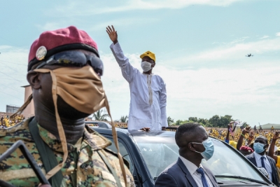 President Alpha Conde is seen at a campaign rally in Conakry, Guinea, Oct. 16, 2020. PA Images.