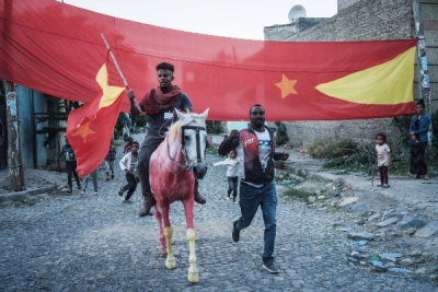 A man on a horse painted in colours of the Tigray flag poses as they celebrate the return of soldiers of Tigray Defence Force (TDF) on a street in Mekele, the capital of Tigray region, Ethiopia, on June 29, 2021