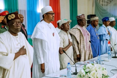 President Buhari, second from left at the inauguration of his campaign council