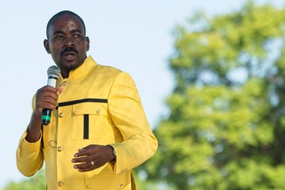 Nelson Chamisa leader of the main opposition Citizens Coalition for Change (CCC) addressing supporters during an electoral rally at White City Stadium in Bulawayo on March 5, 2022.