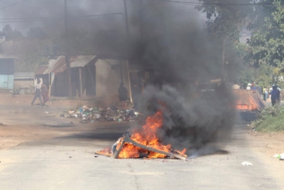 A barricade in the road is seen in Mbabane, Eswatini, on June 29, 2021. Demonstrations escalated radically in Eswatini this week as protesters took to the streets demanding immediate political reforms. 