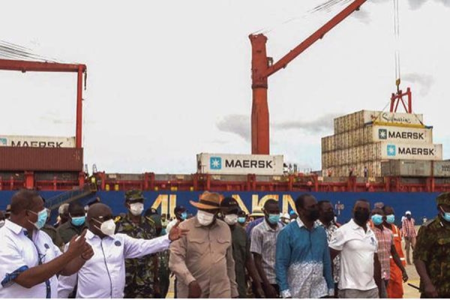 Kenya&#039;s President Kenyatta (3rd left) at the inauguration of the port’s first berth on May 20, 2021.